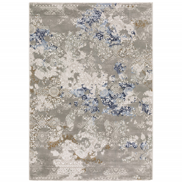 5' X 8' Grey Blue Ivory Brown And Navy Abstract Power Loom Stain Resistant Area Rug