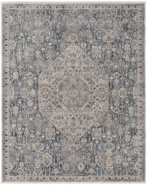 5' X 7' Blue And Ivory Floral Power Loom Stain Resistant Area Rug