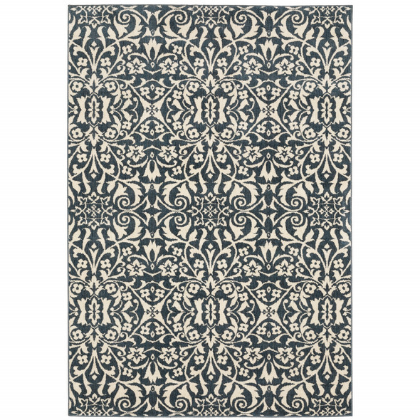 6' X 9' Blue And Ivory Floral Power Loom Stain Resistant Area Rug