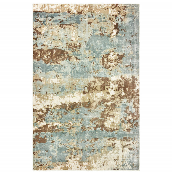 10' X 14' Blue And Brown Abstract Hand Loomed Stain Resistant Area Rug