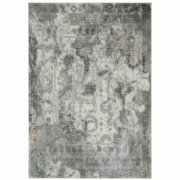 8' X 11' Ivory Grey Charcoal Blue And Rust Oriental Power Loom Stain Resistant Area Rug