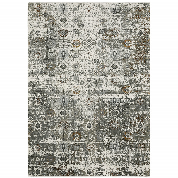 10' X 13' Ivory Grey Charcoal Rust Gold And Brown Oriental Power Loom Stain Resistant Area Rug