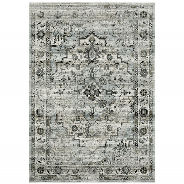 6' X 9' Ivory Grey Charcoal Blue And Taupe Oriental Power Loom Stain Resistant Area Rug