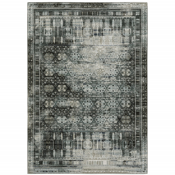 8' X 11' Charcoal Grey Blue Ivory And Taupe Oriental Power Loom Stain Resistant Area Rug