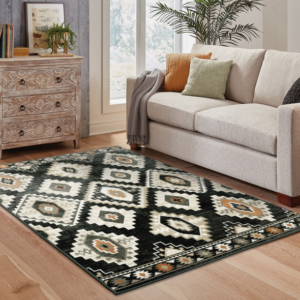 10' X 13' Black Grey Tan Orange And Ivory Southwestern Power Loom Stain Resistant Area Rug