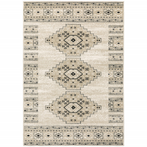5' X 7' Ivory Grey Black And Ivory Southwestern Power Loom Stain Resistant Area Rug