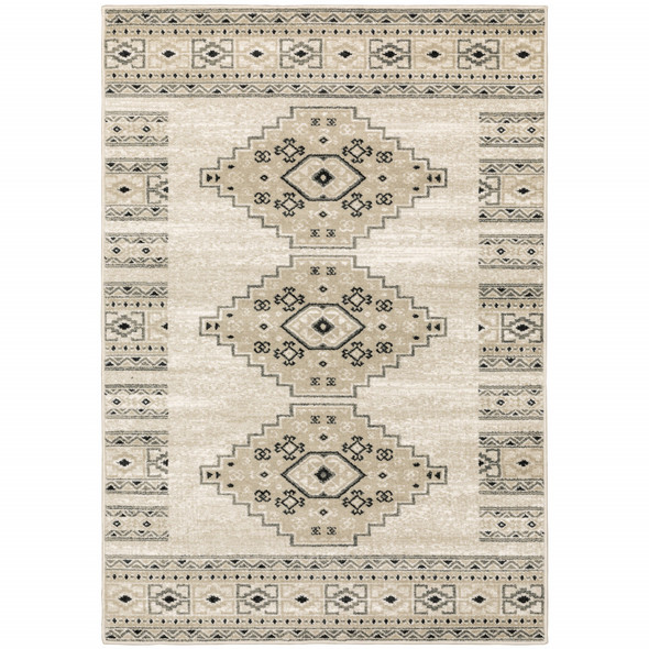 10' X 13' Ivory Grey Black And Ivory Southwestern Power Loom Stain Resistant Area Rug