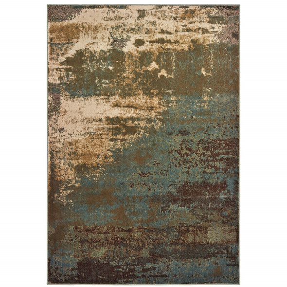 3' X 5' Teal Blue Brown Green And Beige Abstract Power Loom Stain Resistant Area Rug