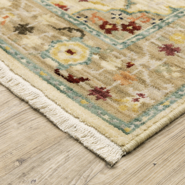 8' X 11' Beige Pale Blue Rust Gold Tan Brown And Orange Oriental Power Loom Stain Resistant Area Rug With Fringe