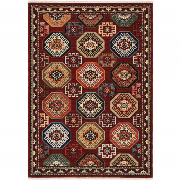 2' X 3' Red Blue Brown And Beige Oriental Power Loom Stain Resistant Area Rug With Fringe