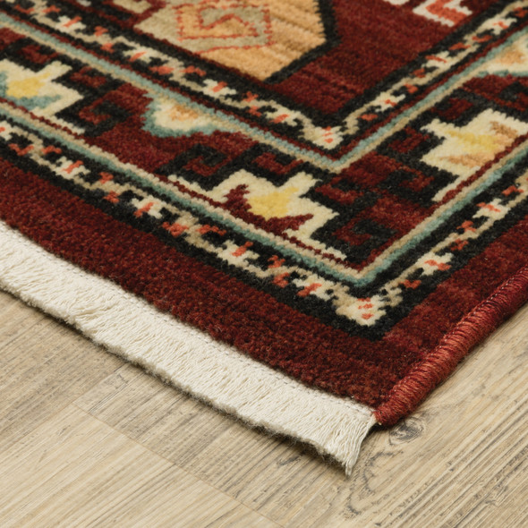 5' X 8' Red Blue Brown And Beige Oriental Power Loom Stain Resistant Area Rug With Fringe