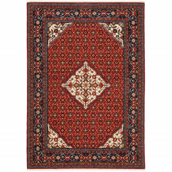 6' X 9' Red Blue Ivory And Orange Oriental Power Loom Stain Resistant Area Rug With Fringe