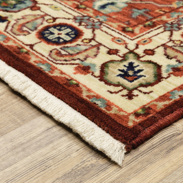 10' X 13' Red Ivory Orange And Blue Oriental Power Loom Stain Resistant Area Rug With Fringe