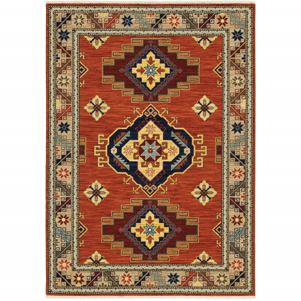 3' X 5' Red Gold Blue Brown Oriental Power Loom Stain Resistant Area Rug With Fringe