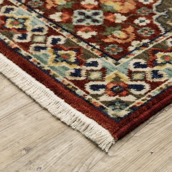 3' X 5' Red Rust Navy Light Blue Brown Orange Ivory And Gold Oriental Power Loom Stain Resistant Area Rug With Fringe