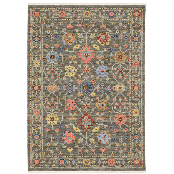 2' X 3' Grey Salmon Pink Gold Blue Rust Deep Blue Ivory And Green Oriental Power Loom Stain Resistant Area Rug With Fringe