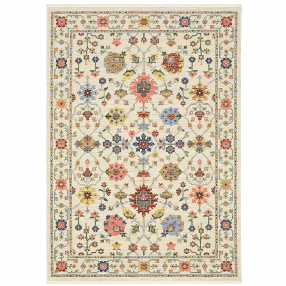 6' X 9' Ivory Salmon Pink Gold Blues Grey Rust And Green Oriental Power Loom Stain Resistant Area Rug With Fringe