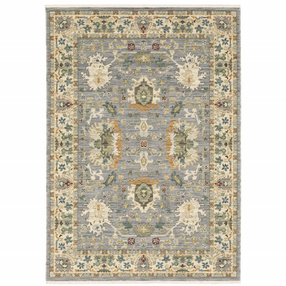 3' X 5' Grey Ivory Orange Teal Green Charcoal Blue And Red Oriental Power Loom Stain Resistant Area Rug With Fringe