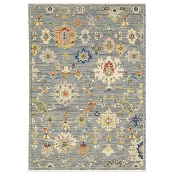 6' X 9' Grey Ivory Gold Salmon Red Blue And Green Oriental Power Loom Stain Resistant Area Rug With Fringe