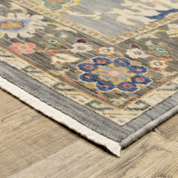 2' X 3' Blue Grey Gold Green Pink Orange Ivory And Red Oriental Power Loom Stain Resistant Area Rug With Fringe