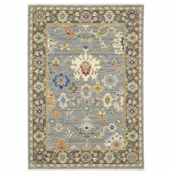 3' X 5' Blue Grey Gold Green Pink Orange Ivory And Red Oriental Power Loom Stain Resistant Area Rug With Fringe