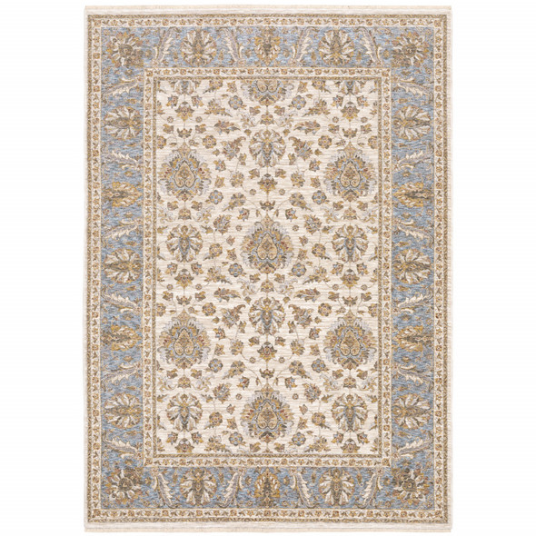 8' X 11' Ivory And Blue Oriental Power Loom Stain Resistant Area Rug With Fringe