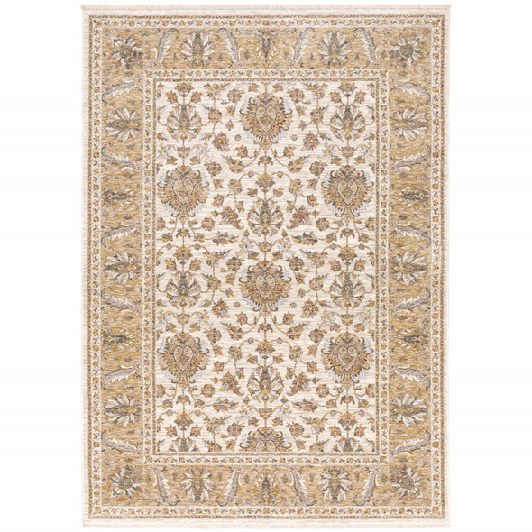 5' X 8' Ivory And Gold Oriental Power Loom Stain Resistant Area Rug With Fringe