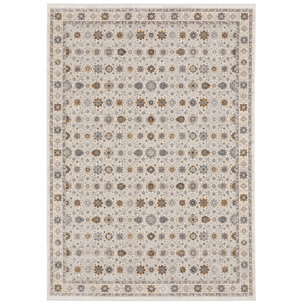 8' X 11' Ivory And Gold Oriental Power Loom Stain Resistant Area Rug With Fringe