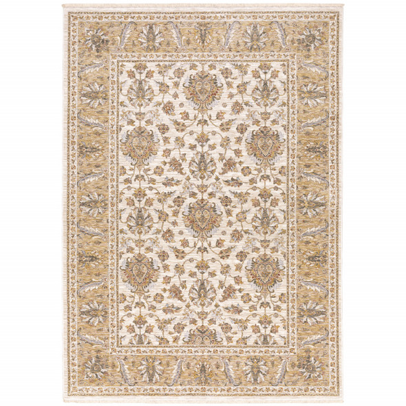 10' X 13' Ivory And Gold Oriental Power Loom Stain Resistant Area Rug With Fringe