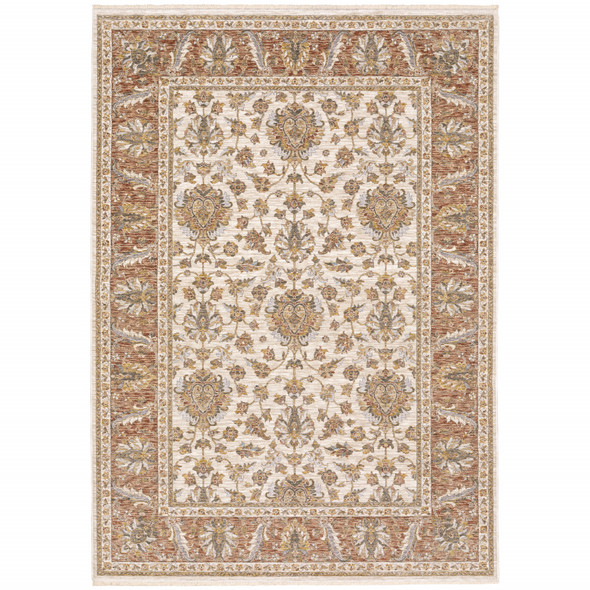 8' X 11' Rust And Ivory Oriental Power Loom Stain Resistant Area Rug With Fringe