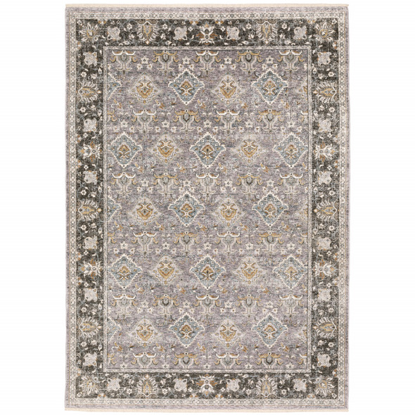 10' X 13' Grey And Blue Oriental Power Loom Stain Resistant Area Rug With Fringe