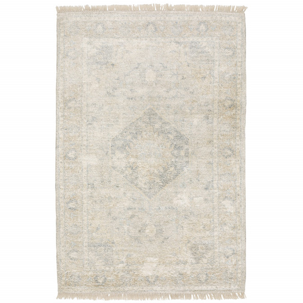 5' X 8' Beige And Grey Oriental Hand Loomed Stain Resistant Area Rug With Fringe