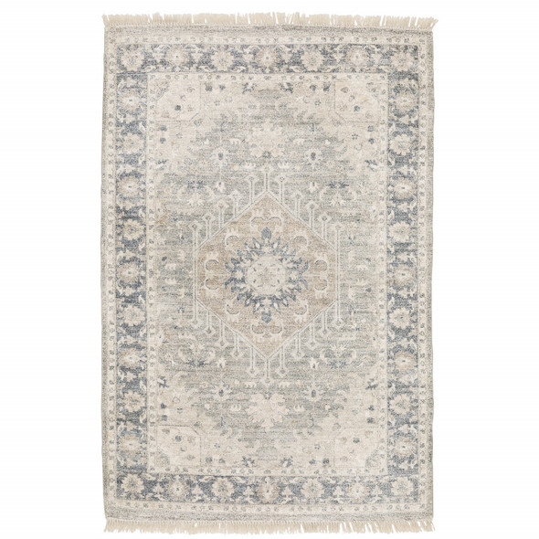 5' X 8' Beige And Grey Oriental Hand Loomed Stain Resistant Area Rug With Fringe