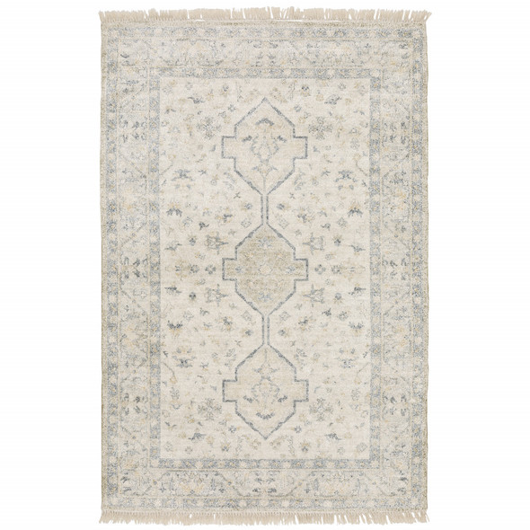 5' X 8' Beige And Charcoal Oriental Hand Loomed Stain Resistant Area Rug With Fringe