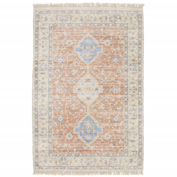 5' X 8' Orange And Blue Oriental Hand Loomed Stain Resistant Area Rug With Fringe