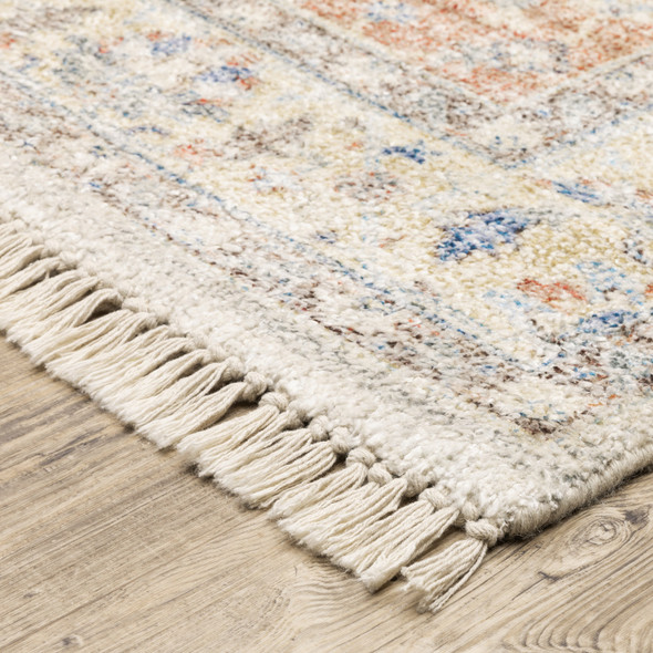 5' X 8' Orange And Blue Oriental Hand Loomed Stain Resistant Area Rug With Fringe