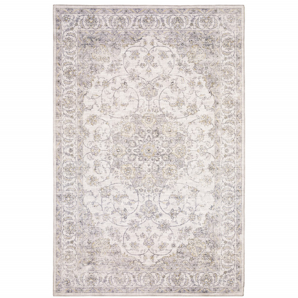 9' X 12' Beige Gold And Grey Oriental Power Loom Stain Resistant Area Rug