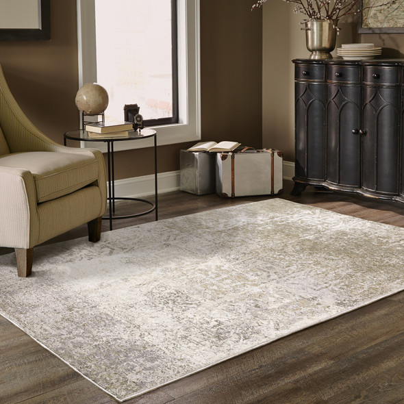 10' X 13' Ivory Grey Tan Brown And Beige Abstract Power Loom Stain Resistant Area Rug