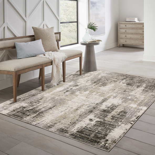 6' X 9' Grey Beige Charcoal Brown Tan And Ivory Abstract Power Loom Stain Resistant Area Rug