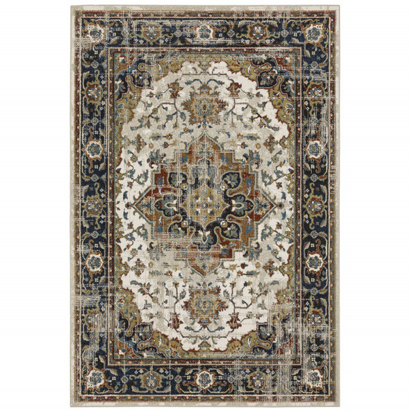 8' X 10' Beige Blue Green Rust And Grey Oriental Power Loom Stain Resistant Area Rug