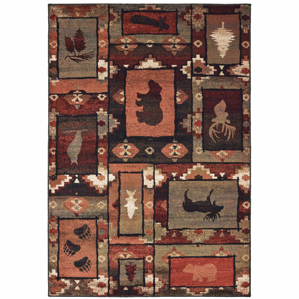 8' X 10' Brown Rust Berry Sage Green Gold And Ivory Southwestern Power Loom Stain Resistant Area Rug