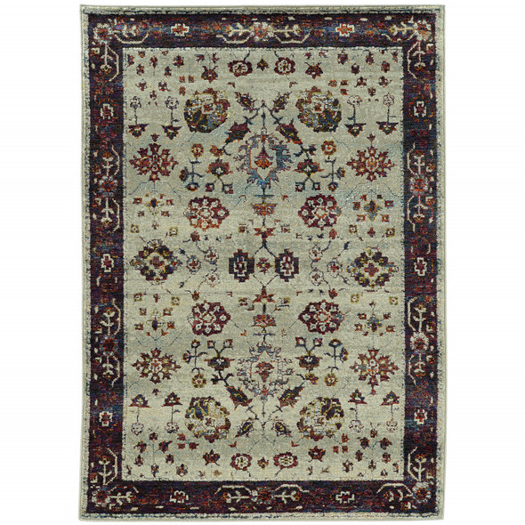 5' X 7' Stone And Red Oriental Power Loom Stain Resistant Area Rug