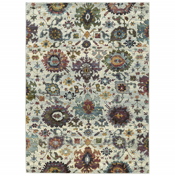 3' X 5' Stone Grey Purple Green Gold And Teal Oriental Power Loom Stain Resistant Area Rug