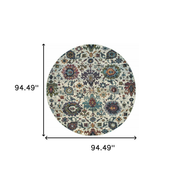 8' Stone Grey Purple Green Gold And Teal Round Oriental Power Loom Stain Resistant Area Rug