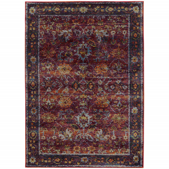 9' X 12' Red Purple Gold And Grey Oriental Power Loom Stain Resistant Area Rug