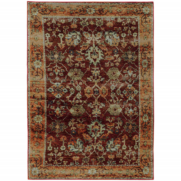 10' X 13' Red Gold And Green Oriental Power Loom Stain Resistant Area Rug