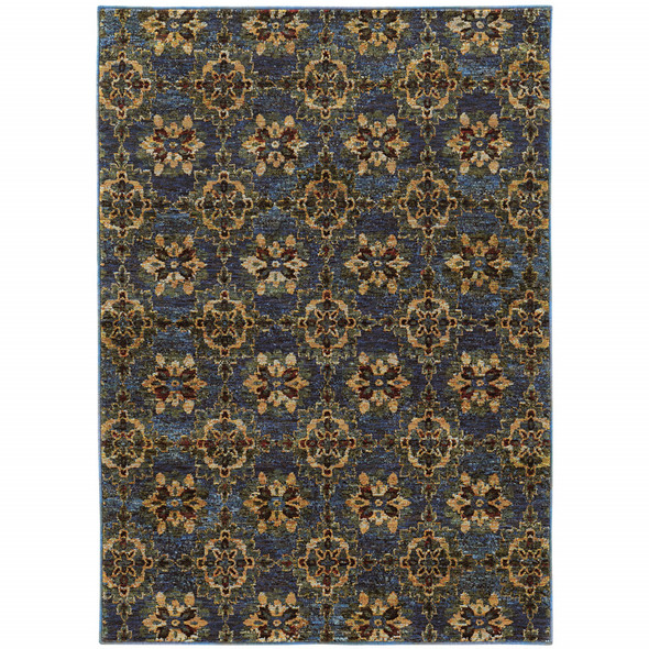 9' X 12' Blue And Gold Oriental Power Loom Stain Resistant Area Rug