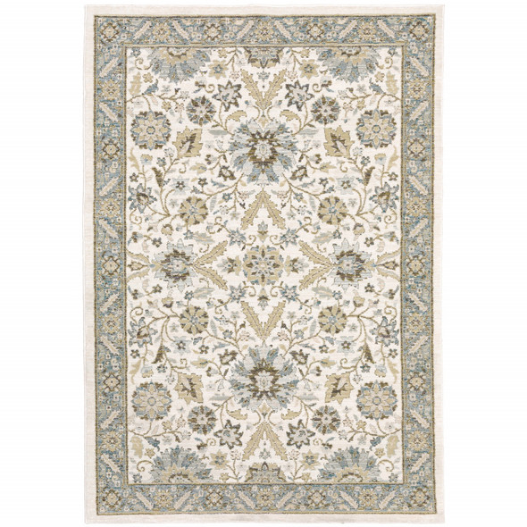 6' X 9' Stone Grey Ivory Green Brown Teal And Light Blue Oriental Power Loom Stain Resistant Area Rug