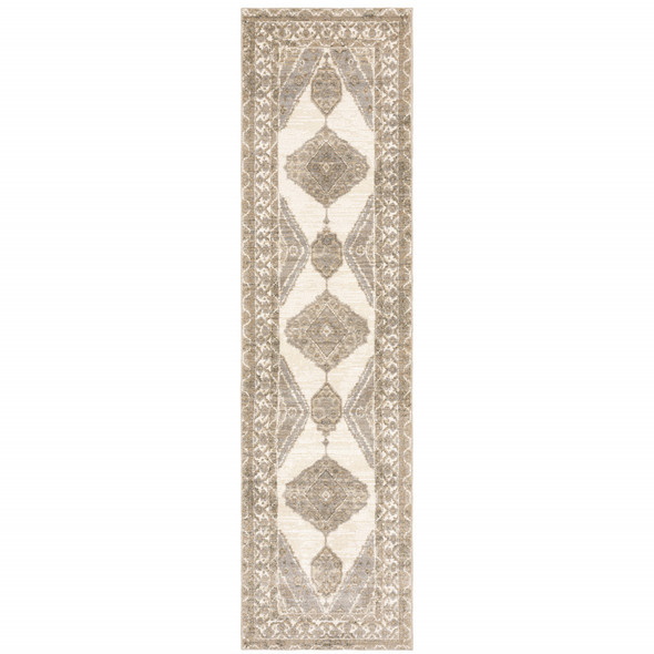 2' X 8' Beige And Ivory Oriental Power Loom Stain Resistant Runner Rug