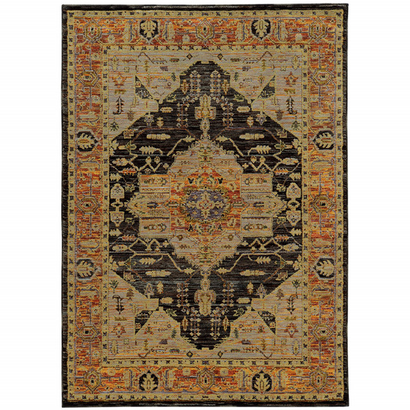 6' X 9' Gold Brown Grey Rust Green And Purple Oriental Power Loom Stain Resistant Area Rug